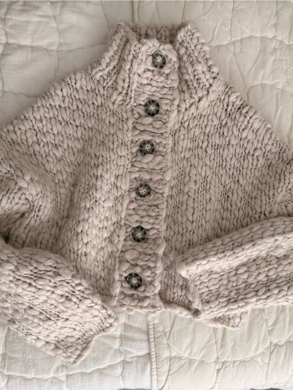 Urban Outfitters Cream Chunky Knit Hooded Cardigan with Button Trim